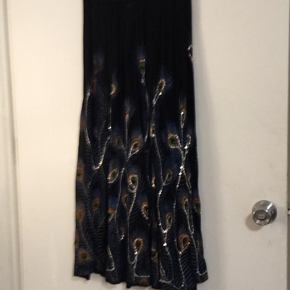 Sheer Black maxi skirt, Peacock feathers w sequins